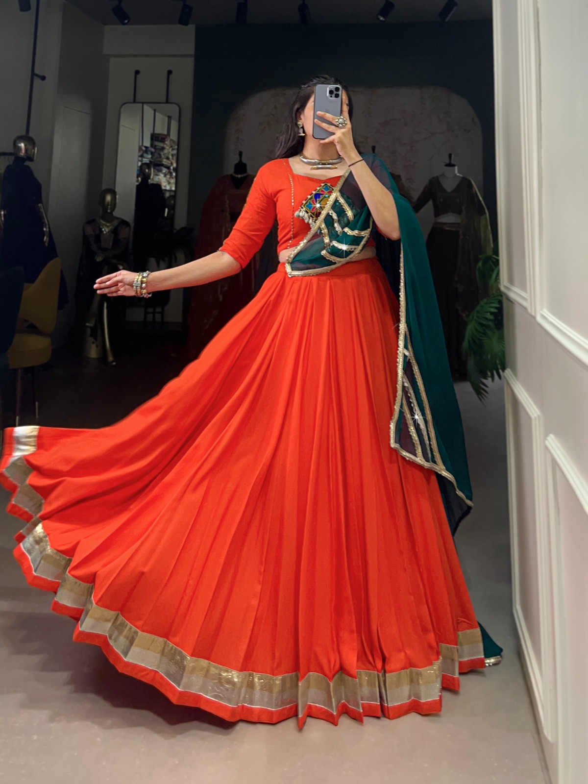 Orange Rayon Embossed Lehenga Choli - Image 2