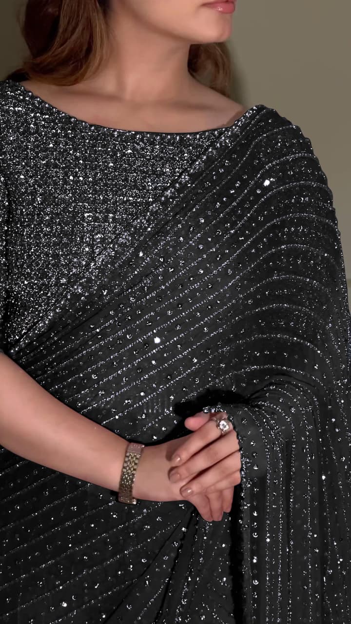 YNF 3452 -DF 3452 Black Color Georgette Sequins Multy Embroidery Work Saree Casual, Wedding, Festive, Events . Expected Delivery 4-6 Working Days @1799/- | Embroidered Sarees, Bollywood Sarees, Creative Sarees, Designer Sarees, Ethnic Saree, Modern Digital sarees, Party Wear Sarees, Sarees