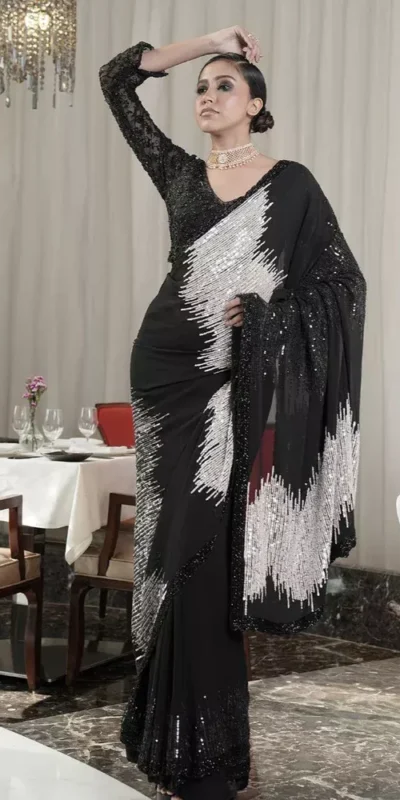 DF 3424 Black Color Georgette Heavy 5MM Sequins embroidery Work Saree Casual, Wedding, Festive, Events . Expected Delivery 4-6 Working Days @1749/- only | Embroidered Sarees, Bollywood Sarees, Creative Sarees, Designer Sarees, Ethnic Saree, Modern Digital sarees, Party Wear Sarees, Sarees