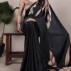 Black Satin Floral Printed Saree