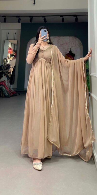 YNF 5102 Chiku Color Georgette Plain Sequins Embroidery Lace Gown Casual, Wedding, Festive, Events . Expected Delivery  4-6 Working Days @1749/- only      | Bollywood Gowns, Creative Gowns, Designer Gowns, Embroidered Gowns, Gowns, Party Wear Gowns