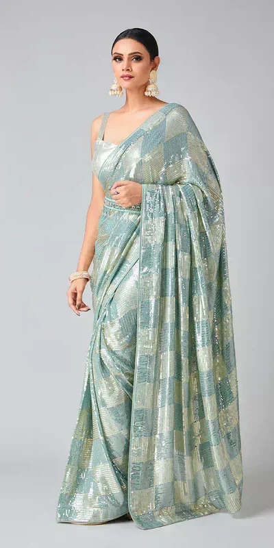 DF 3426 Firozi Color Georgette 5MM Sequins Embroidery Work Saree Casual, Wedding, Festive, Events . Expected Delivery  4-6 Working Days @1749/- only                                                 | Embroidered Sarees, Bollywood Sarees, Creative Sarees, Designer Sarees, Ethnic Saree, Modern Digital sarees, Party Wear Sarees, Sarees