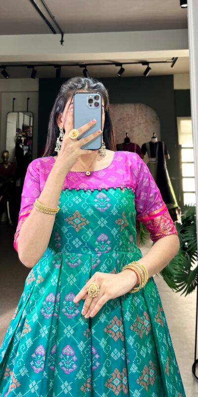 YNF 5308 Firozi Color Jacquard Silk Patola Print Zari Weaving Work Gown Casual, Wedding, Festive, Events . Expected Delivery 4-6 Working Days @2149/- only | Bollywood Gowns, Creative Gowns, Designer Gowns, Embroidered Gowns, Gowns, Party Wear Gowns