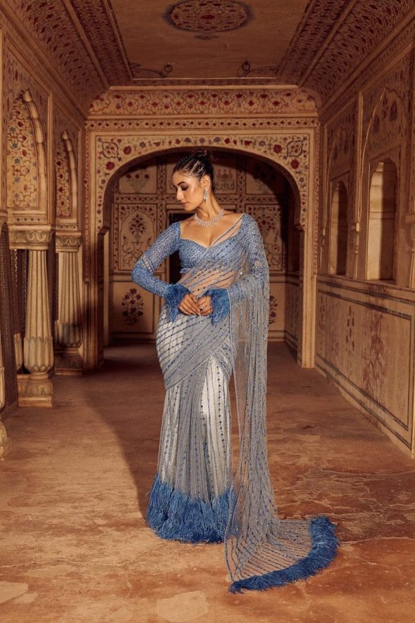 Firozi Mono Net  Sequins Saree