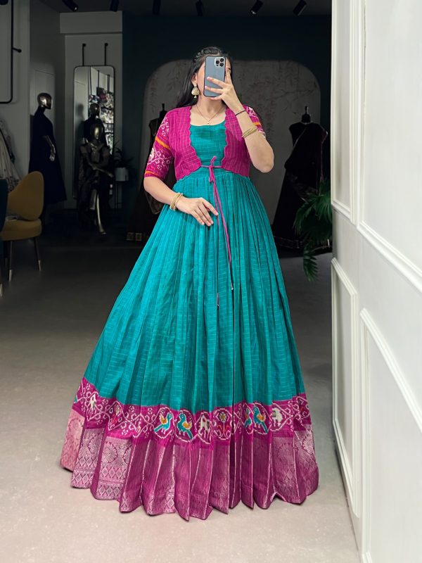 Firozi Tasar Chex Patola Print Gown