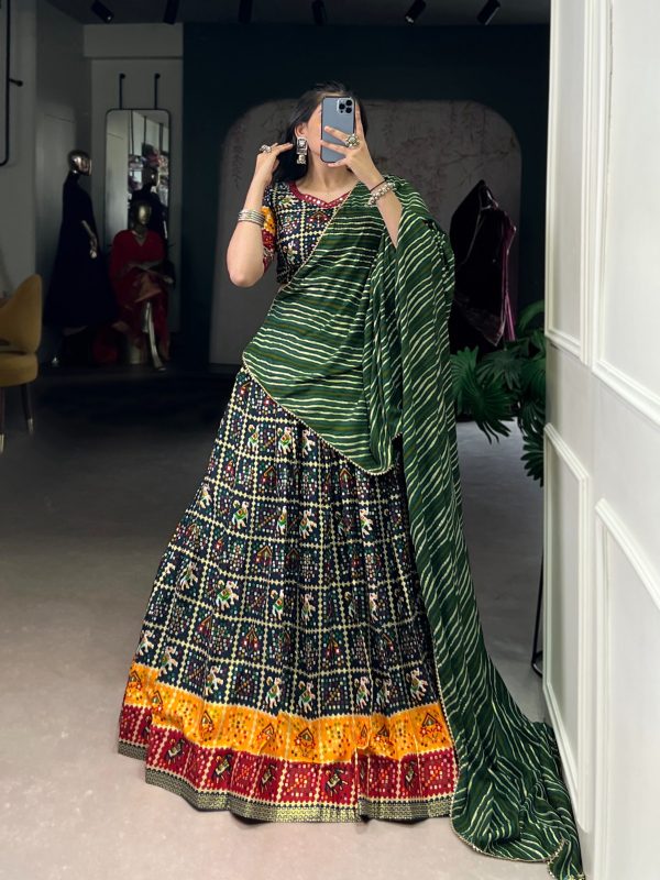 Green Cotton Printed Lehenga Choli