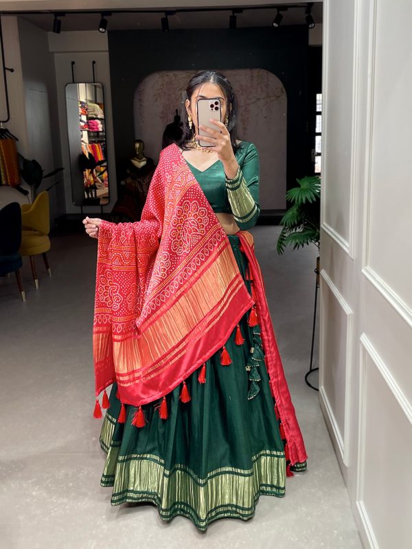 Green Gaji Silk Lagdi patta Lehenga Choli