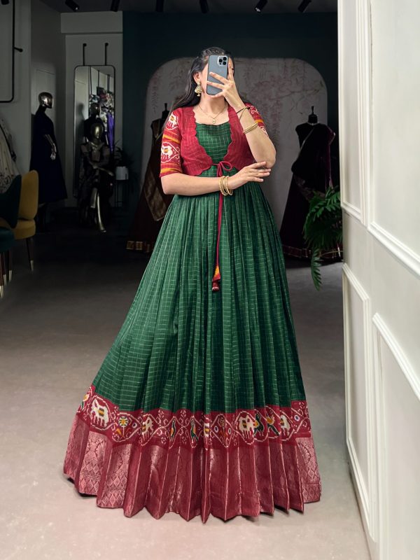 Green Tasar Chex Patola Print Gown