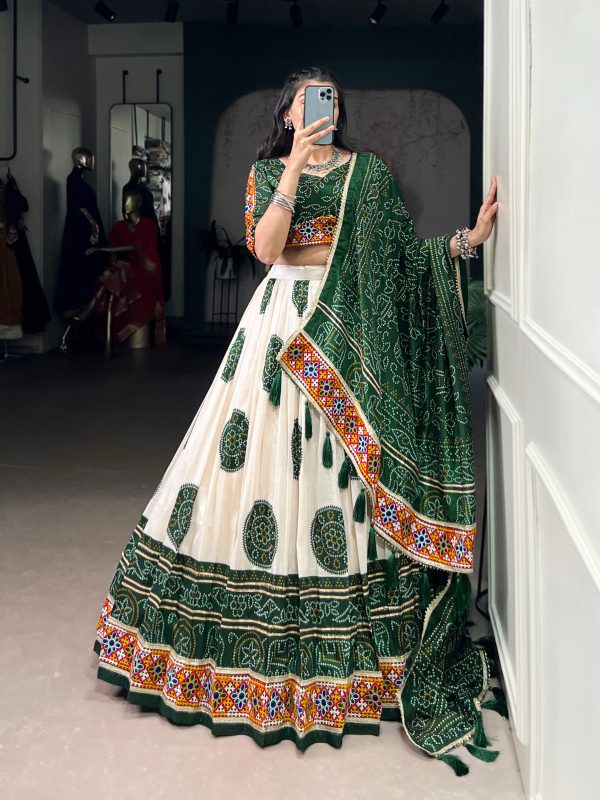 Green Tasar Silk Gamthi Work Lehenga Choli