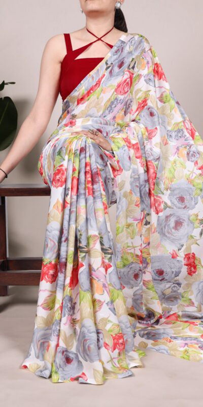 YNF 7017 Grey Color Dull Satin Floral Printed Saree Casual, Wedding, Festive, Events . Expected Delivery  4-6 Working Days @1499/- only                                                                                | Embroidered Sarees, Bollywood Sarees, Creative Sarees, Designer Sarees, Ethnic Saree, Modern Digital sarees, Party Wear Sarees, Sarees