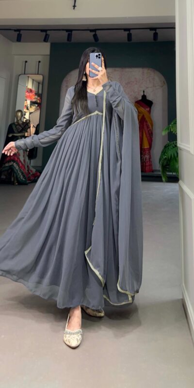 YNF 5102 Grey Color Georgette Plain Sequins Embroidery Lace Gown Casual, Wedding, Festive, Events . Expected Delivery  4-6 Working Days @1749/- only      | Bollywood Gowns, Creative Gowns, Designer Gowns, Embroidered Gowns, Gowns, Party Wear Gowns