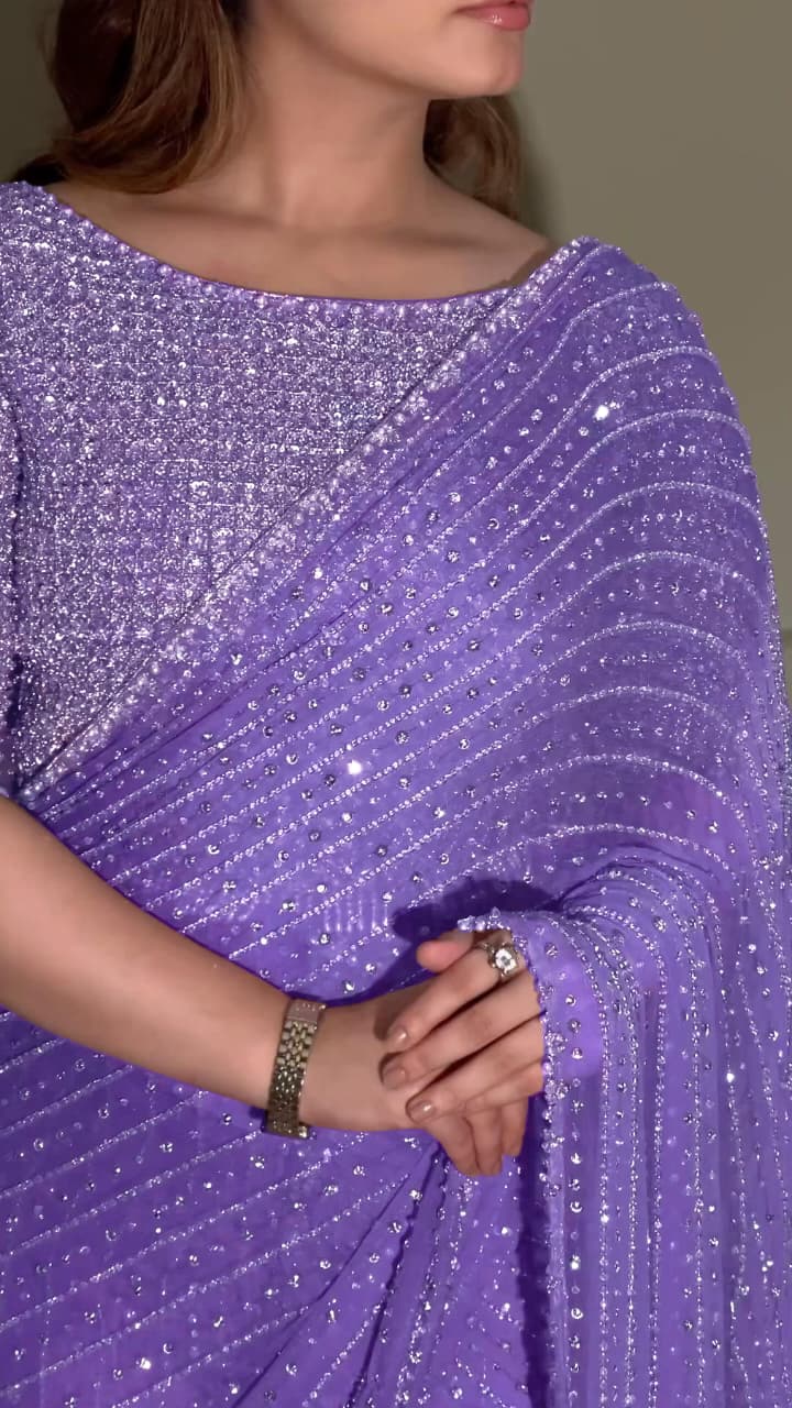 YNF 3452 -DF 3452 Lavender Color Georgette Sequins Multy Embroidery Work Saree Casual, Wedding, Festive, Events . Expected Delivery 4-6 Working Days @1799/- | Embroidered Sarees, Bollywood Sarees, Creative Sarees, Designer Sarees, Ethnic Saree, Modern Digital sarees, Party Wear Sarees, Sarees