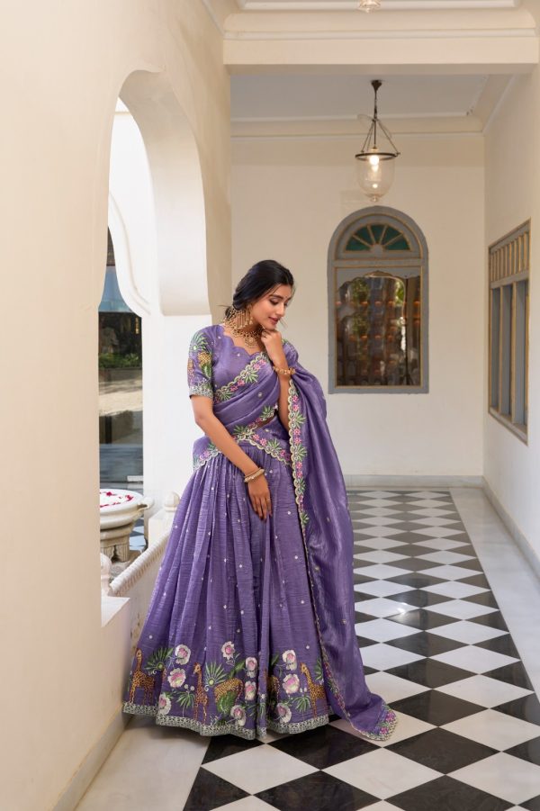 Lavender Gold Crush Sequins Embroidery Work Lehenga Choli