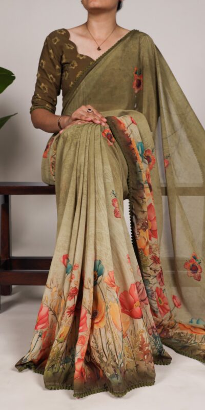 YNF 7009 Mahendi Color Georgette Floral Print With Lace Border Saree Casual, Wedding, Festive, Events . Expected Delivery  4-6 Working Days @1299/- only                                                                                | Embroidered Sarees, Bollywood Sarees, Creative Sarees, Designer Sarees, Ethnic Saree, Modern Digital sarees, Party Wear Sarees, Sarees