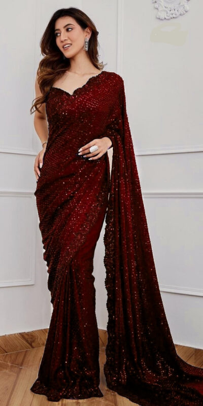 DF 3312 Maroon Color Faux Georgette 5mm Sequence Embroidery Work Saree Casual, Wedding, Festive, Events . Expected Delivery  4-6 Working Days @1899/- only                                                 | Embroidered Sarees, Bollywood Sarees, Creative Sarees, Designer Sarees, Ethnic Saree, Modern Digital sarees, Party Wear Sarees, Sarees