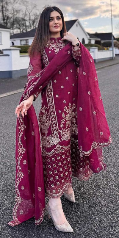 Maroon Georgette Embroidery Salwar Suit