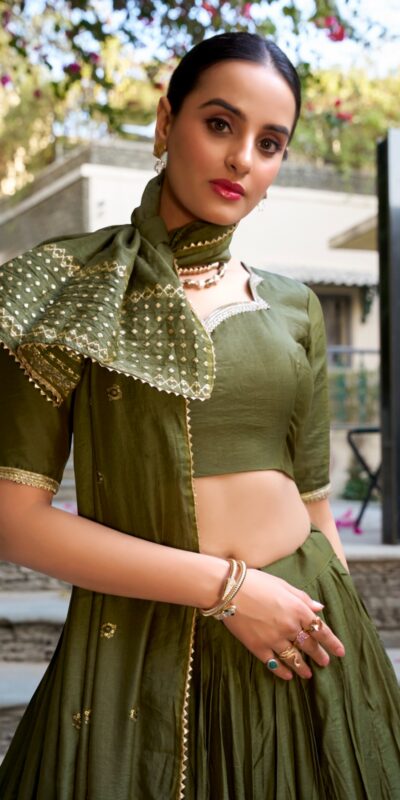 LNB 1906 Mehndi Color Pure Chanderi Plain With Zari Weaving Work Border Lehenga Choli Wedding, Party, Festive, Events Etc. Delivery 4-6 Working Days Rs 1999 | Creative Lehenga, Bollywood Lehenga, Designer Lehenga, Embroidered Lehenga, Lehenga, Party Wear Lehenga