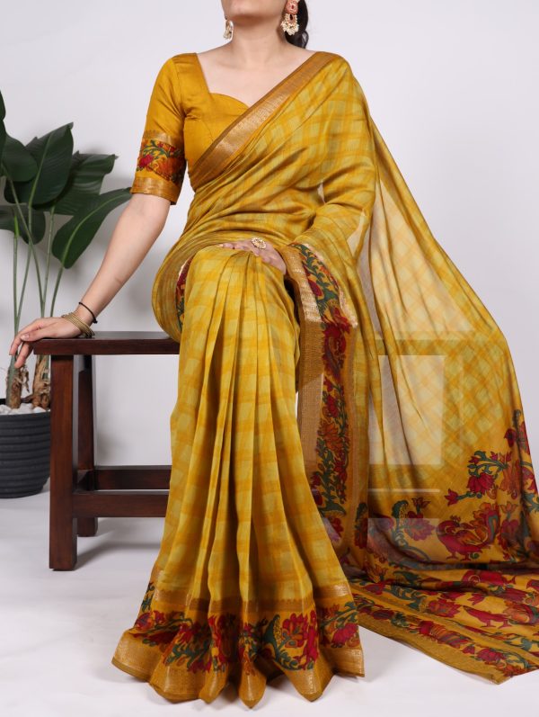 Mustard Chanderi Printed Saree