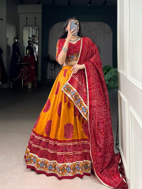 Mustard Tasar Silk Gamthi Work Lehenga Choli