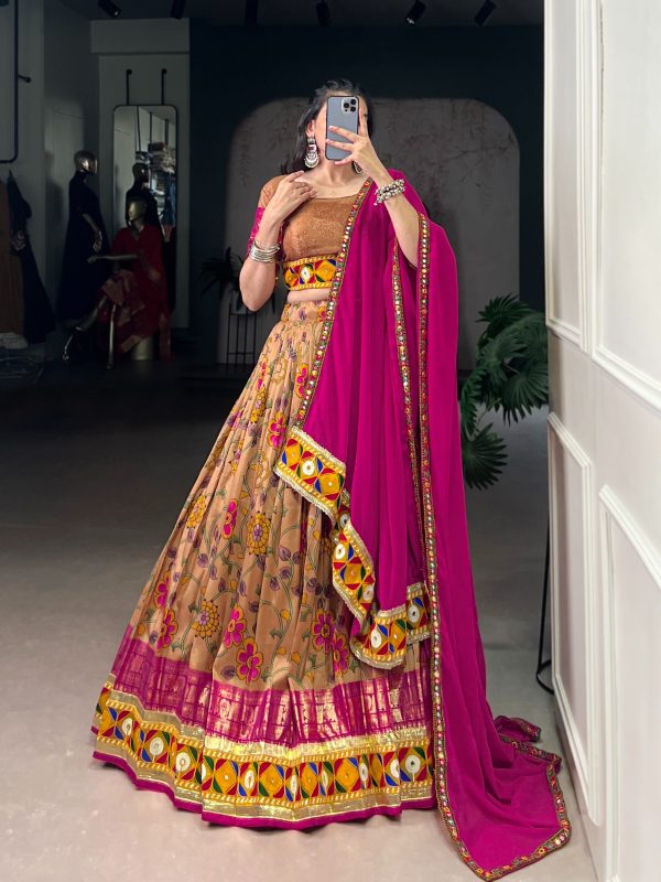 Mustard Tasar Silk Printed Foil Lehenga Choli