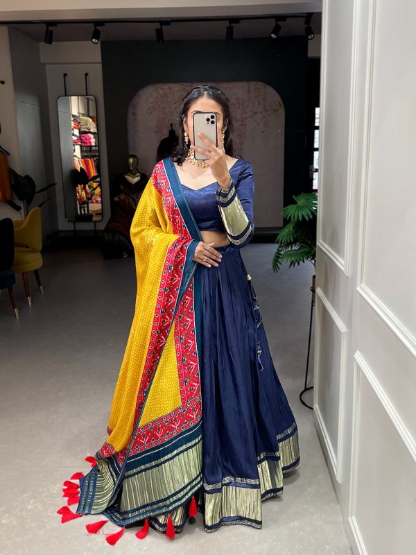 Navy Blue Gaji Silk Lagdi patta Lehenga Choli