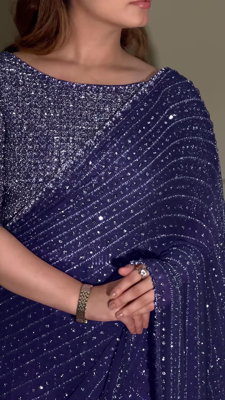 YNF 3452 -DF 3452 Navy Blue Color Georgette Sequins Multy Embroidery Work Saree Casual, Wedding, Festive, Events . Expected Delivery 4-6 Working Days @1799/ | Embroidered Sarees, Bollywood Sarees, Creative Sarees, Designer Sarees, Ethnic Saree, Modern Digital sarees, Party Wear Sarees, Sarees