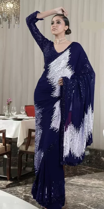 Navy Blue Georgette Sequins Work Saree