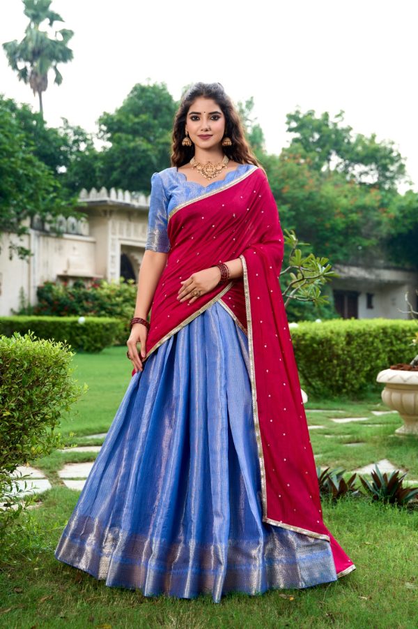 Navy Blue Kanchipuram With Zari Work Lehenga Choli