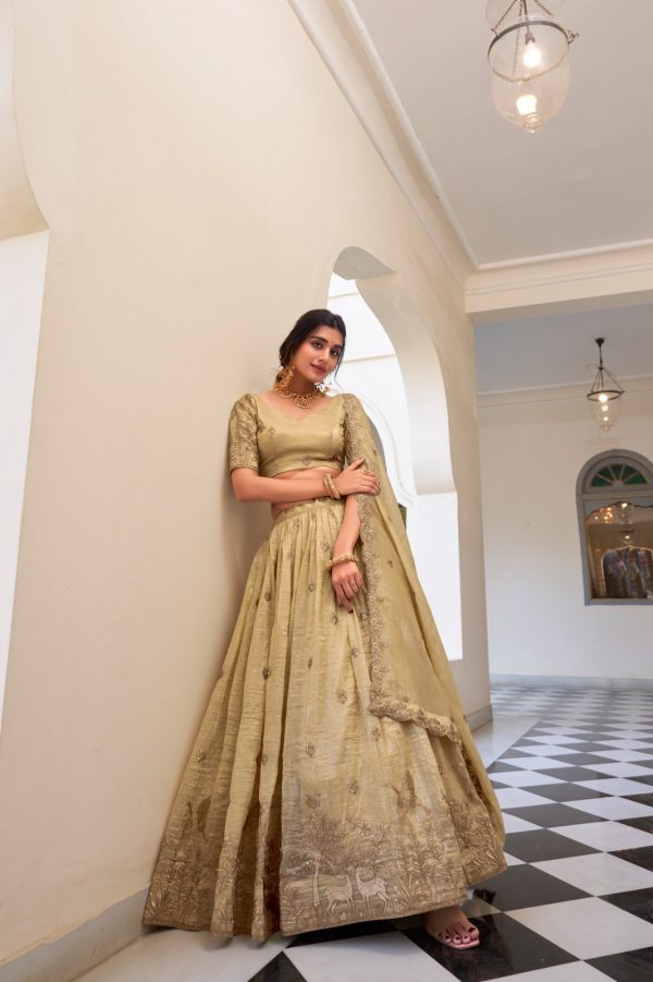 Off White Gold Crush Sequins Embroidery Work Lehenga Choli