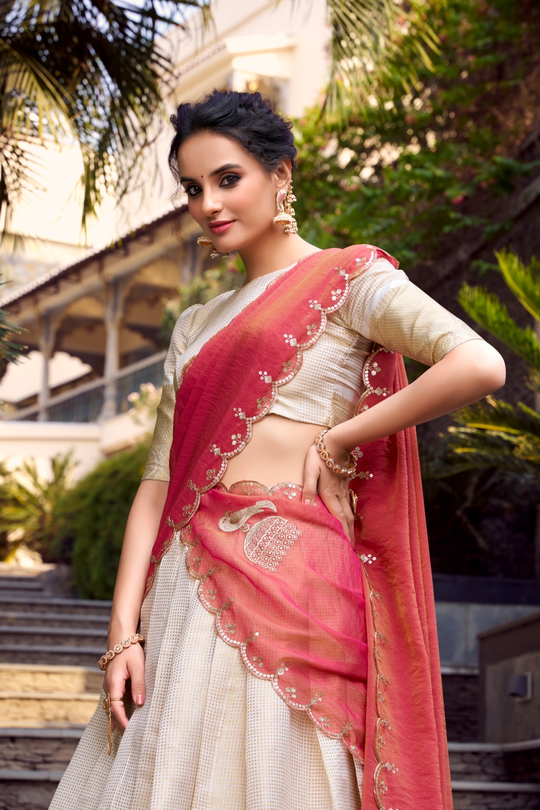 Off White Jacquard Weaving Lehenga Choli - Image 2