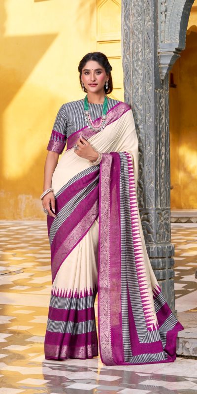Off White Poly Cotton Printed Zari Saree