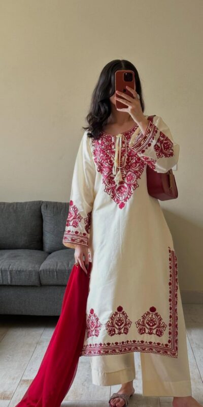 BE 386 Off White Color Roman Silk Embroidery Work Salwar Suit Casual, Wedding, Festive, Events . Expected Delivery 4-6 Working Days @1899/- only | Casual Suits, Jump Suits, Creative suits, Designer Suits, Palazzo Suits, Party Wear Suits, Patiala Suits, Salwar suit, Straight Suits