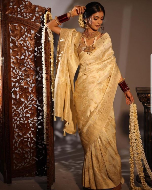 Off White Soft Lichi Silk Jacquard Saree