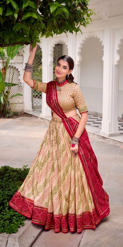LNB 1250 Off White Color Tasar Silk Bandhej Print With Gotta Patti Lace Lehenga Choli Festive Party Wedding, Events etc. Delivery 4-6 Working Days @2149/- | Creative Lehenga, Bollywood Lehenga, Designer Lehenga, Embroidered Lehenga, Lehenga, Party Wear Lehenga