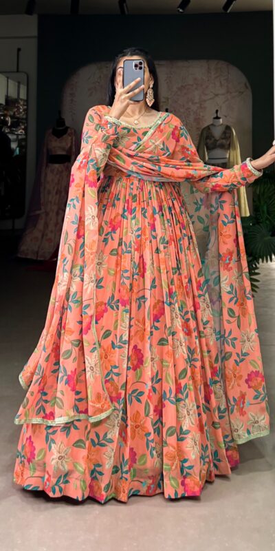 YNF 5010 Peach Color Georgette Floral Print With Lace Touch Up Gown Casual, Wedding, Festive, Events . Expected Delivery 4-6 Working Days @1849/- only | Bollywood Gowns, Creative Gowns, Designer Gowns, Embroidered Gowns, Gowns, Party Wear Gowns