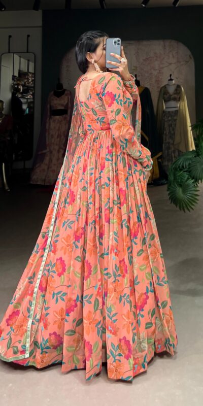YNF 5010 Peach Color Georgette Floral Print With Lace Touch Up Gown Casual, Wedding, Festive, Events . Expected Delivery 4-6 Working Days @1849/- only | Bollywood Gowns, Creative Gowns, Designer Gowns, Embroidered Gowns, Gowns, Party Wear Gowns