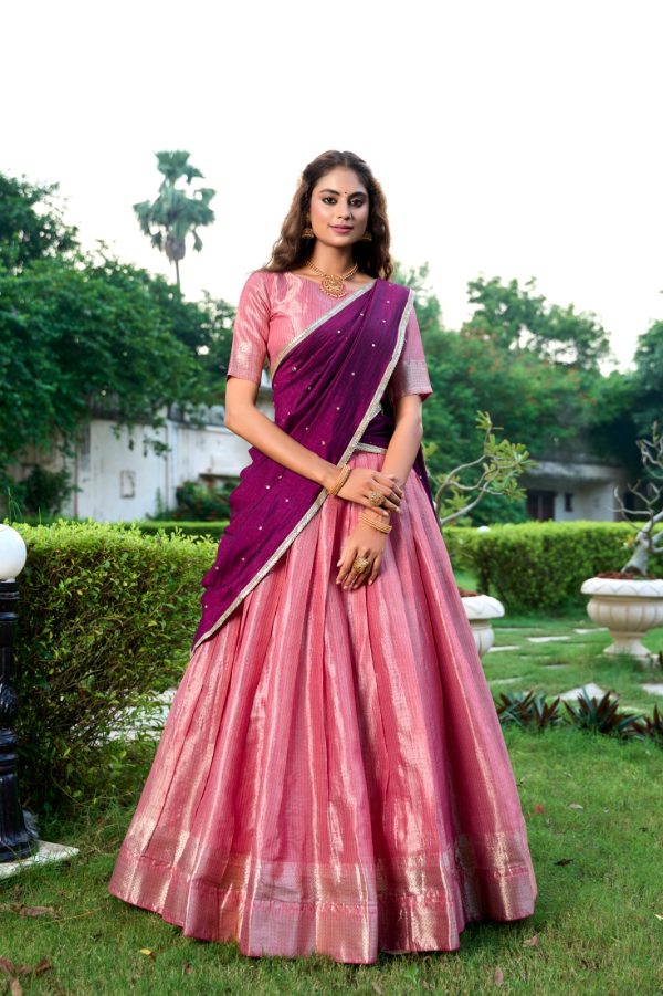 Peach Kanchipuram With Zari Work Lehenga Choli