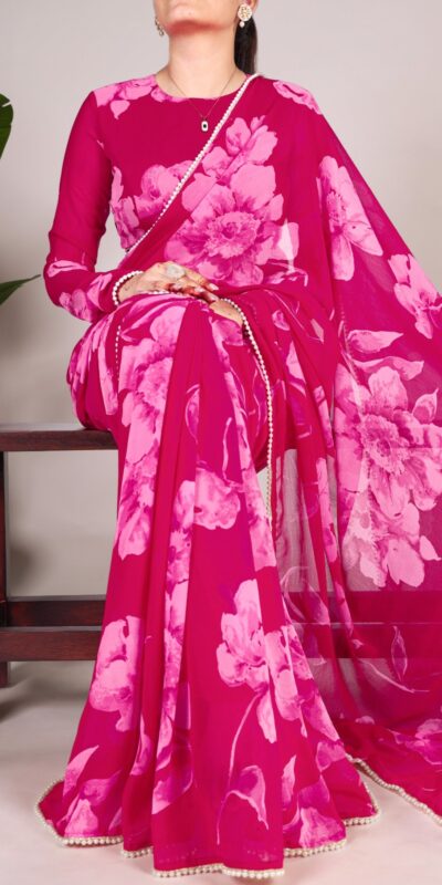YNF 7011 Pink Color Chiffon Foral Printed Pearl Lace Border Saree Casual, Wedding, Festive, Events . Expected Delivery  4-6 Working Days @1499/- only                                                                                | Embroidered Sarees, Bollywood Sarees, Creative Sarees, Designer Sarees, Ethnic Saree, Modern Digital sarees, Party Wear Sarees, Sarees