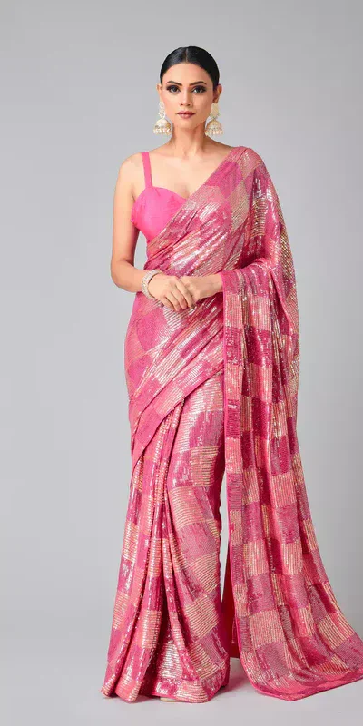 DF 3426 Pink Color Georgette 5MM Sequins Embroidery Work Saree Casual, Wedding, Festive, Events . Expected Delivery  4-6 Working Days @1749/- only                                                 | Embroidered Sarees, Bollywood Sarees, Creative Sarees, Designer Sarees, Ethnic Saree, Modern Digital sarees, Party Wear Sarees, Sarees