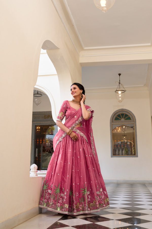 Pink Gold Crush Sequins Embroidery Work Lehenga Choli