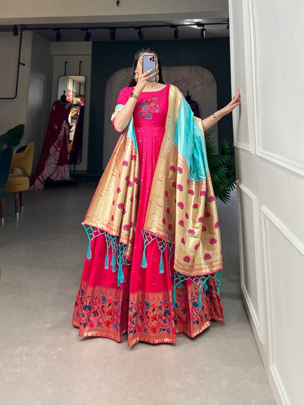 Pink Jacquard Silk Paithani Zari Gown