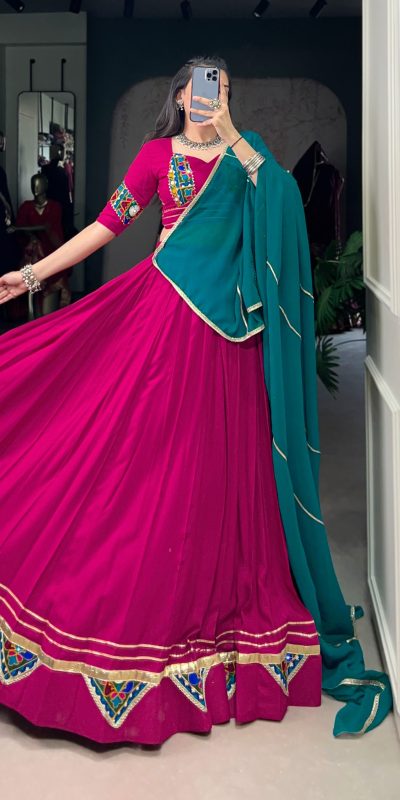Pink Pure Rayon Mirror Gamthi Work Lehenga Choli