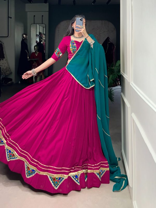 Pink Pure Rayon Mirror Gamthi Work Lehenga Choli