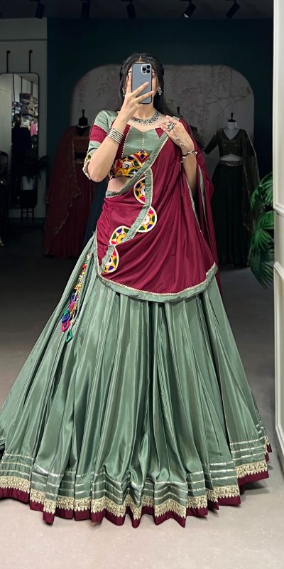 Pista Silk Crepe Embroidery Lehenga Choli