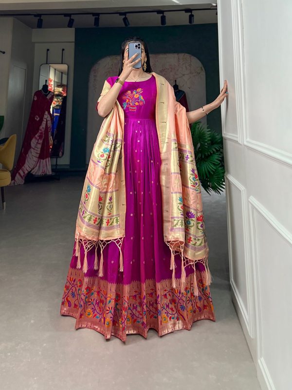 Purple Jacquard Silk Paithani Zari Gown