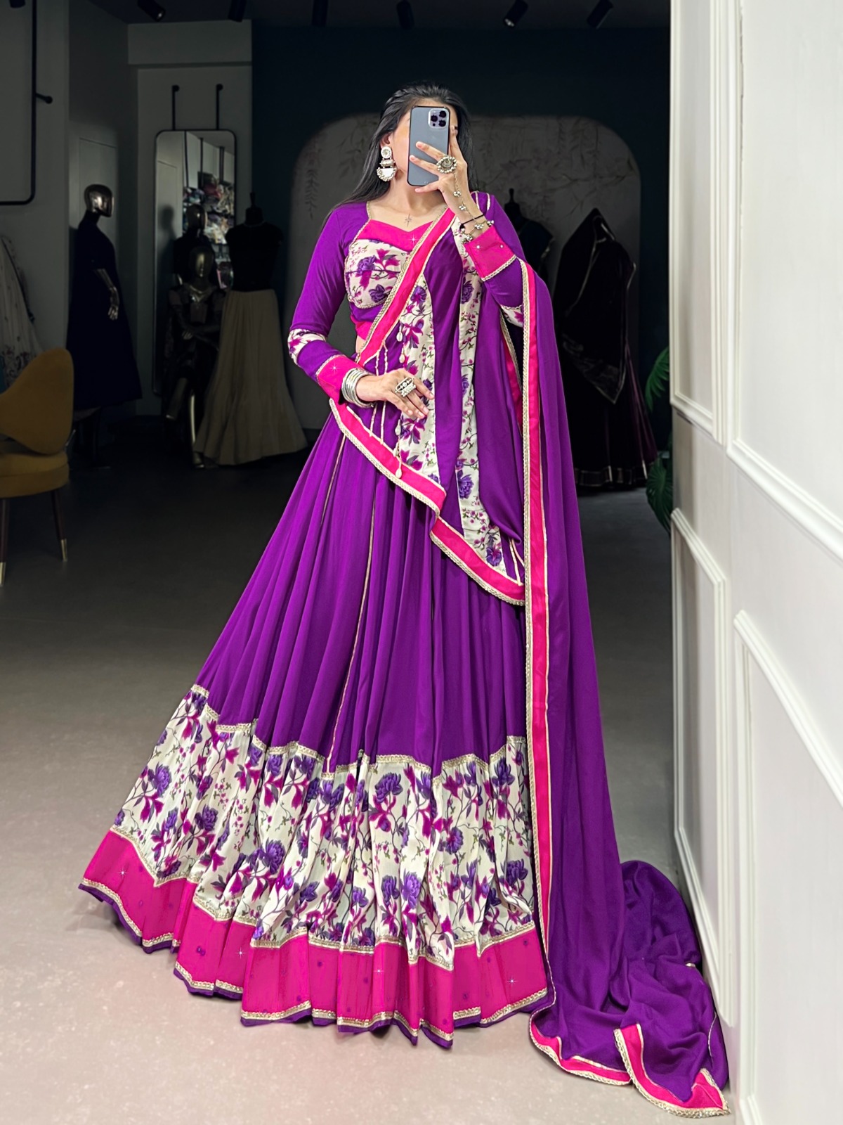 Purple Rayon Printed Lehenga Choli - Image 3