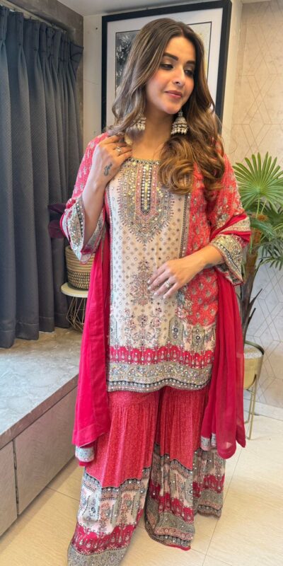 BE 387 Red Color Chinon Printed With Real Mirror Work Salwar Suit Casual, Wedding, Festive, Events . Expected Delivery 4-6 Working Days @1899/- only | Casual Suits, Jump Suits, Creative suits, Designer Suits, Palazzo Suits, Party Wear Suits, Patiala Suits, Salwar suit, Straight Suits