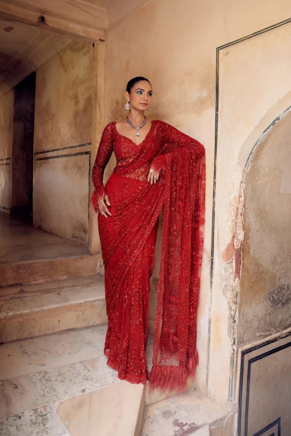 Red Faux Butterfly Net Sequence Saree