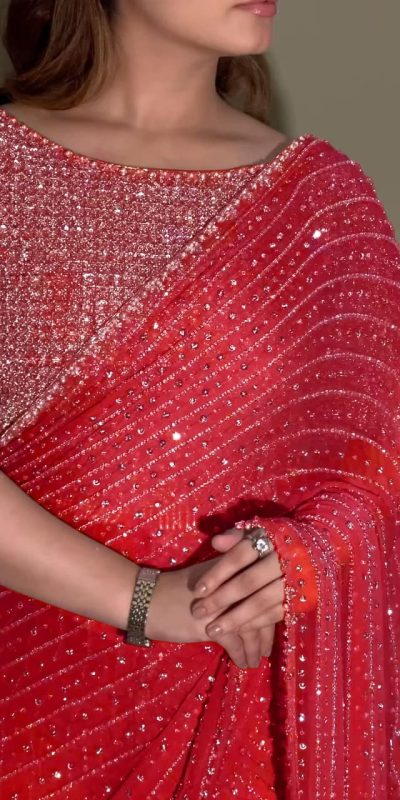YNF 3452 -DF 3452 Red Color Georgette Sequins Multy Embroidery Work Saree Casual, Wedding, Festive, Events . Expected Delivery  4-6 Working Days @1799/- only                                                                                | Embroidered Sarees, Bollywood Sarees, Creative Sarees, Designer Sarees, Ethnic Saree, Modern Digital sarees, Party Wear Sarees, Sarees