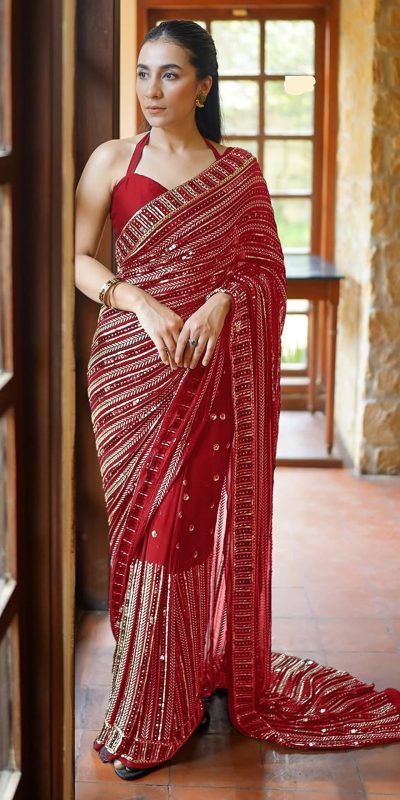 Red Georgette Embroidery Work Saree